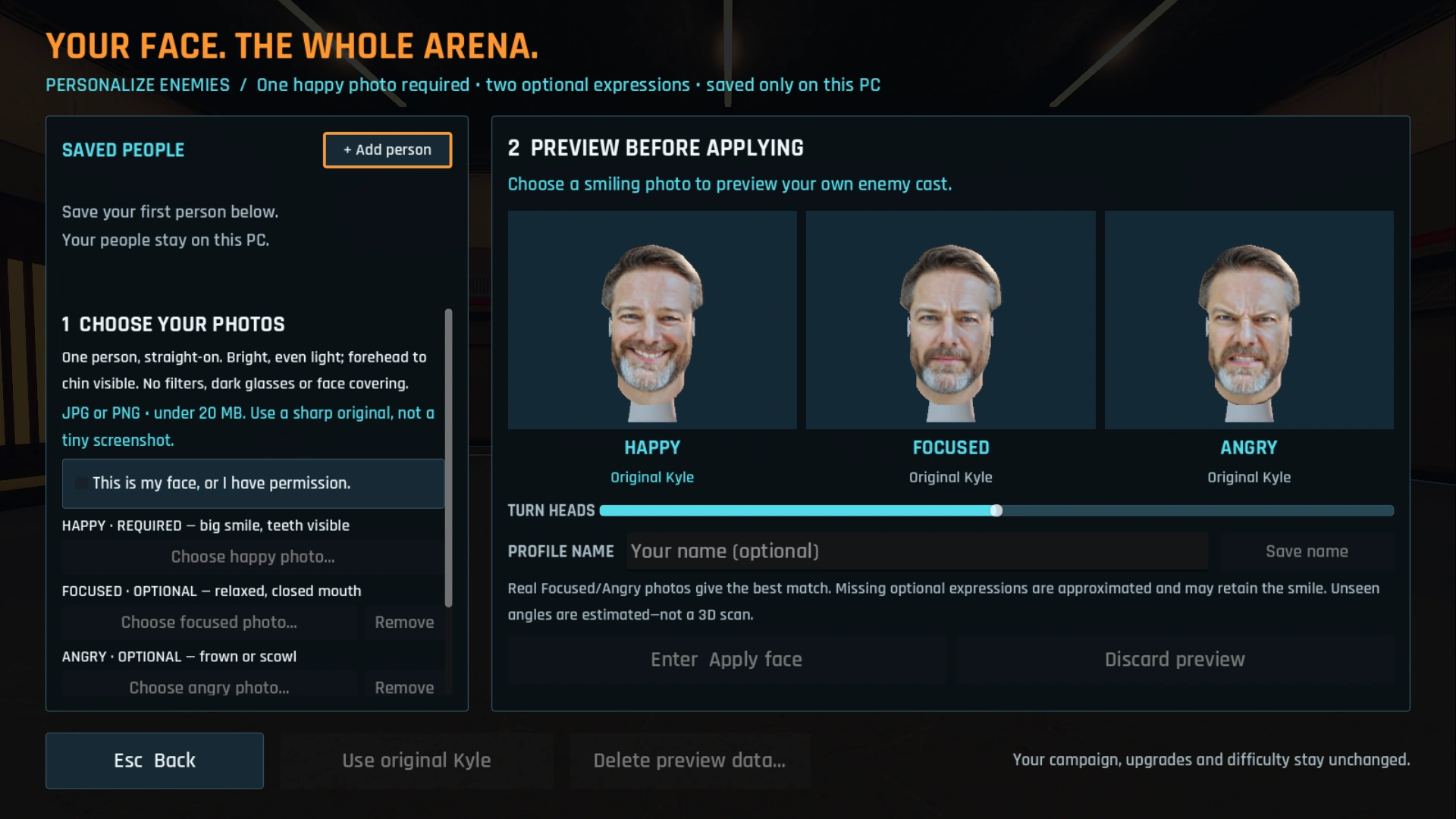 The TechSavvy Arena personalization screen with three Kyle expression previews and a saved people gallery