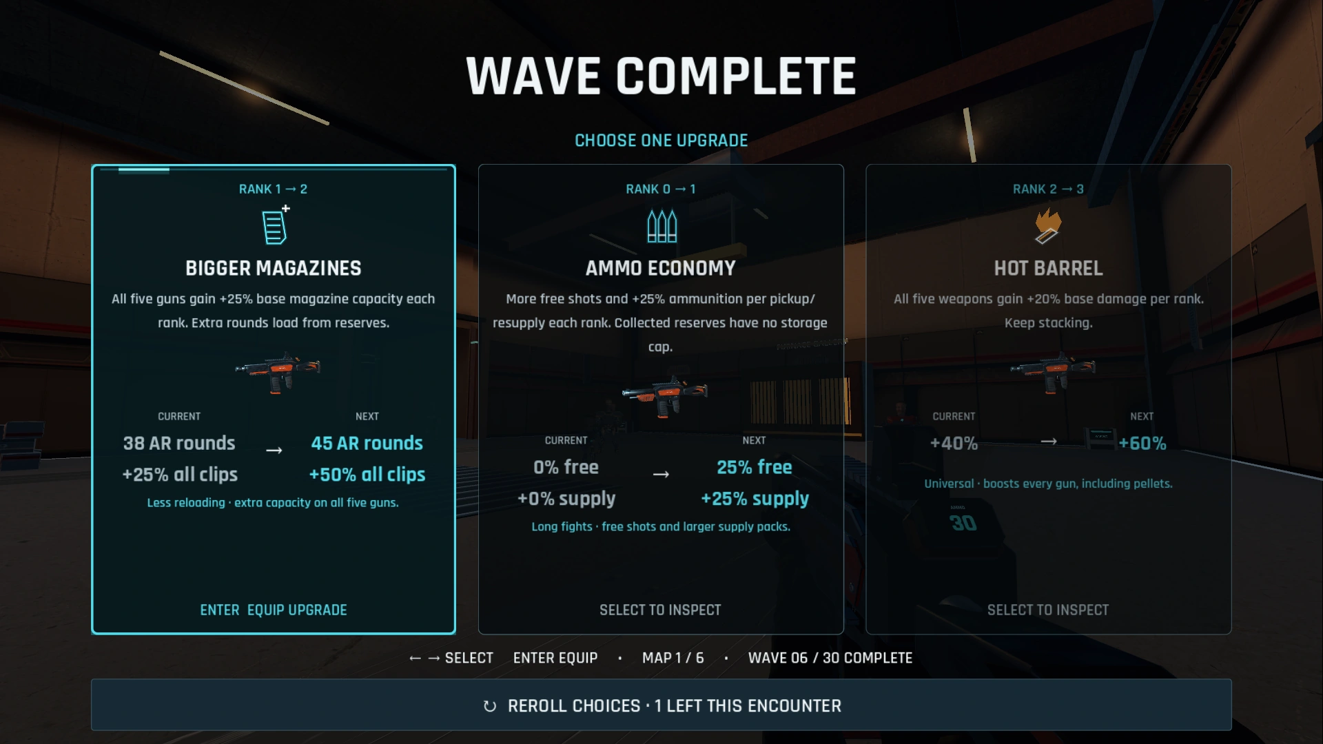 Wave Complete screen with three stacking upgrade choices